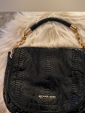 Michael Kors Black Patent Snake-Embossed Shoulder Bag with Gold Hardware